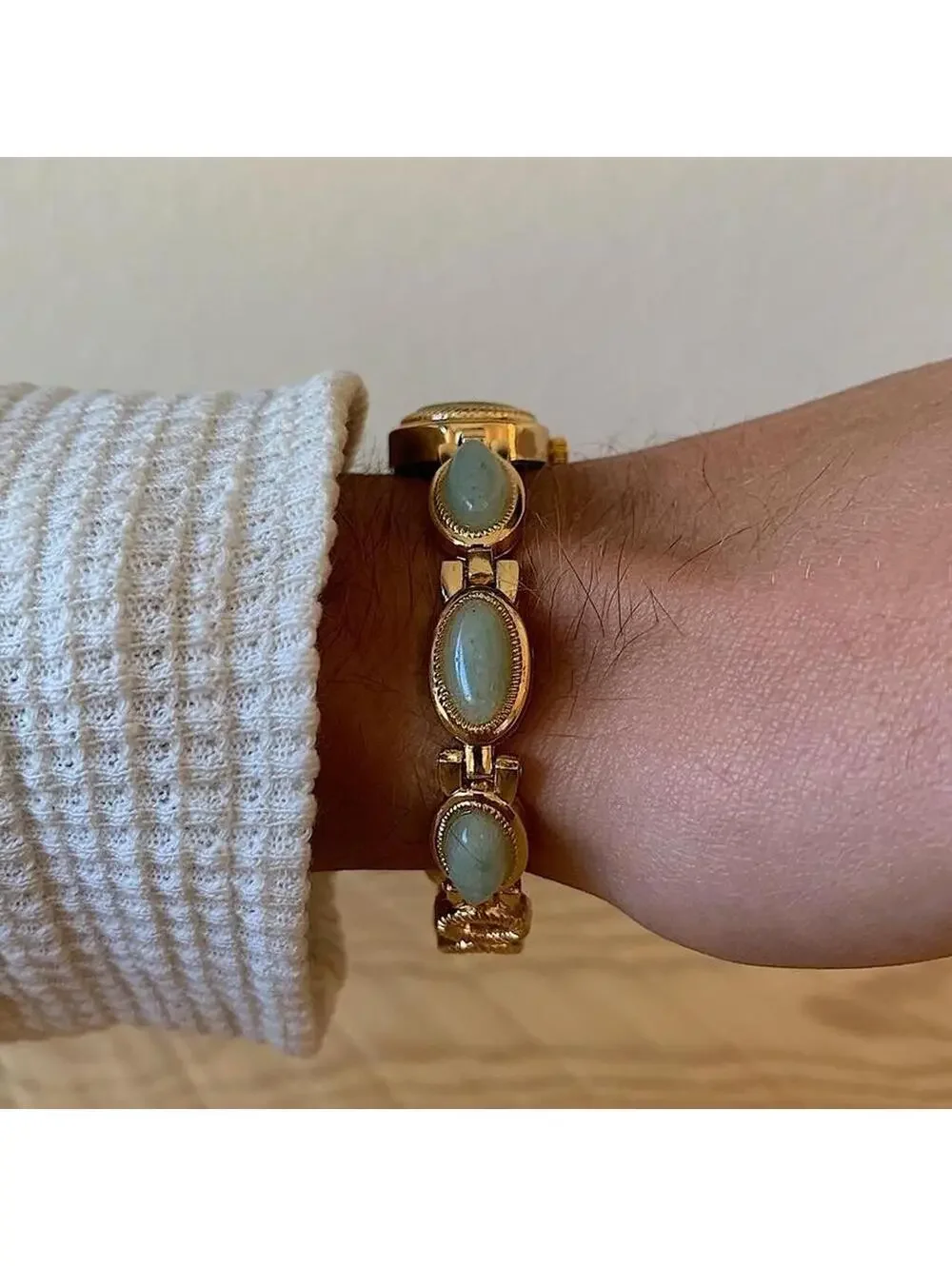 Y2K Gold Green Dainty Quartz Opal Jade Watch 8 Inch Unisex